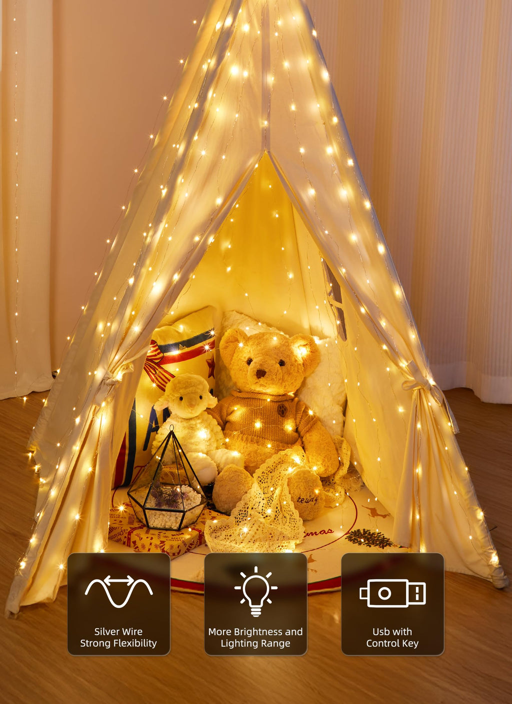 Warm white 300-LED curtain string light, 9.8 x 9.8 ft, 2-pack