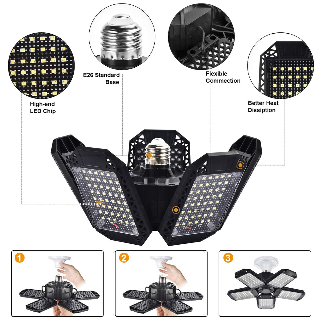 2-Pack LED Garage Lights 120W Deformable – 12000LM, 5 Adjustable Panels, E26 Base for Basement & Workshop