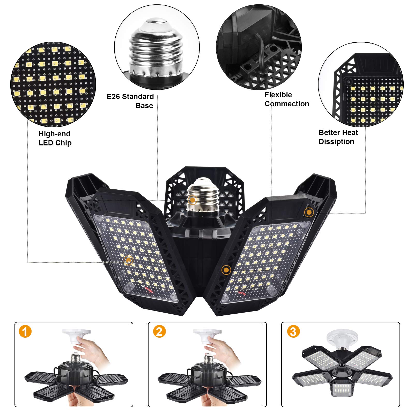 2-Pack LED Garage Lights 120W Deformable – 12000LM, 5 Adjustable Panels, E26 Base for Basement & Workshop