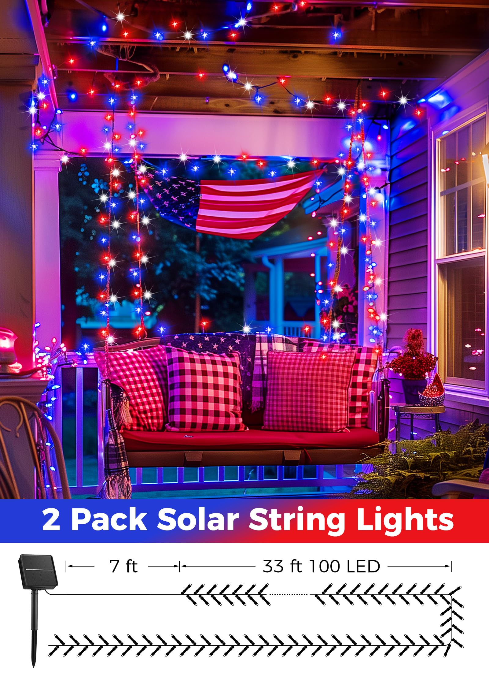 Solar red white and blue outdoor string light, 80ft 200 LED, 8 modes