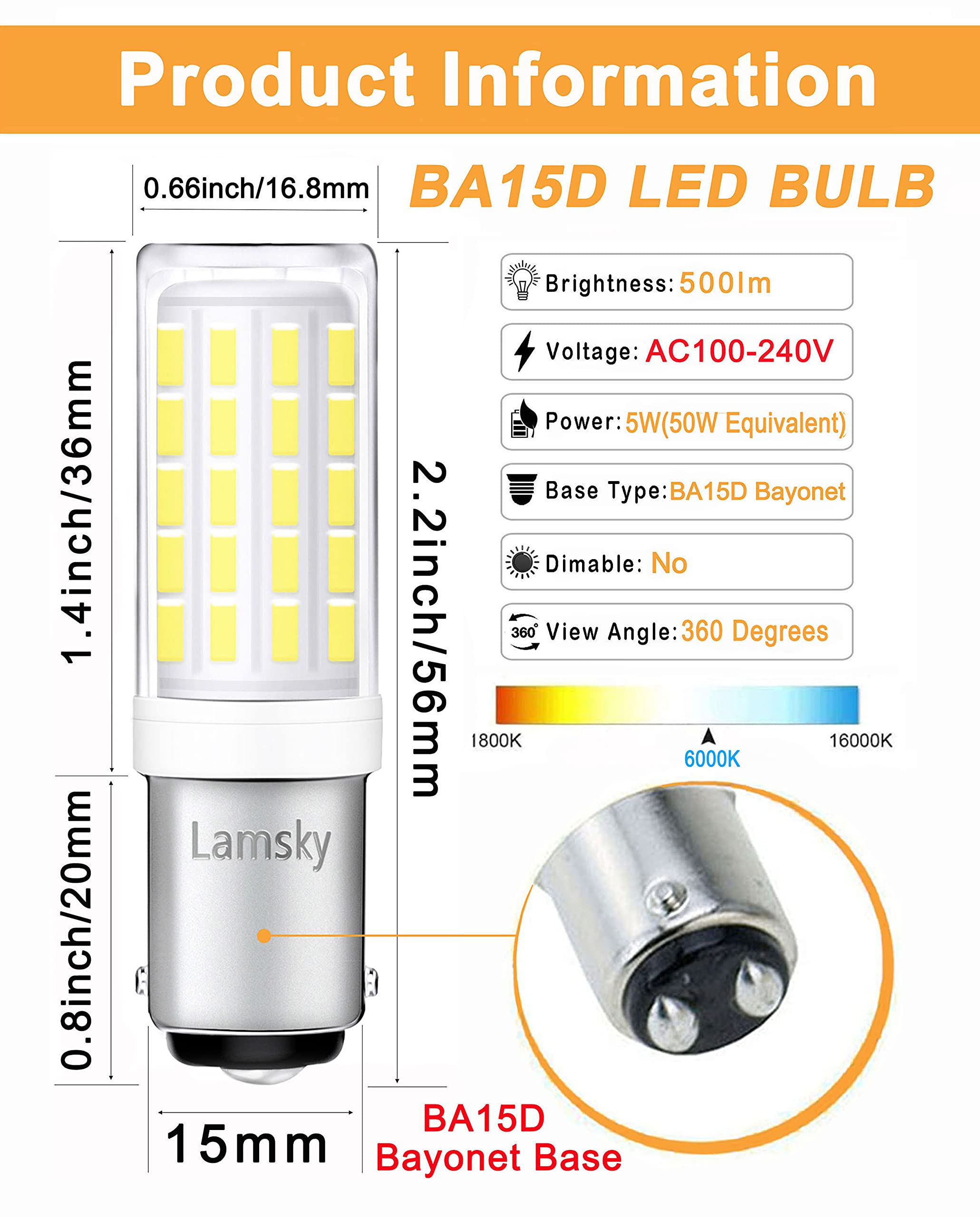 4-Pack BA15D LED Bulbs – 5W Daylight White 6000K, 500LM Bayonet Base, 50W Halogen Equivalent for Sewing Machine Light