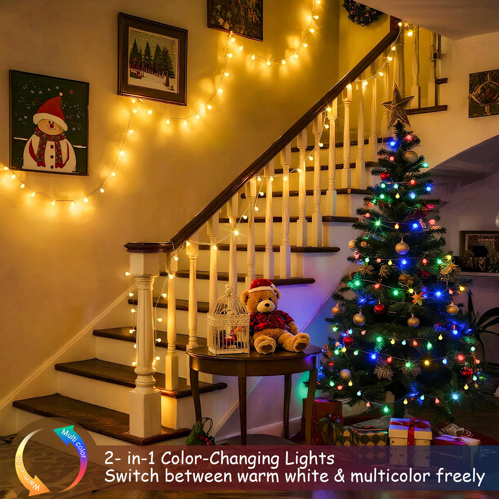 Color-changing globe string light, plug-in, warm white and multicolor