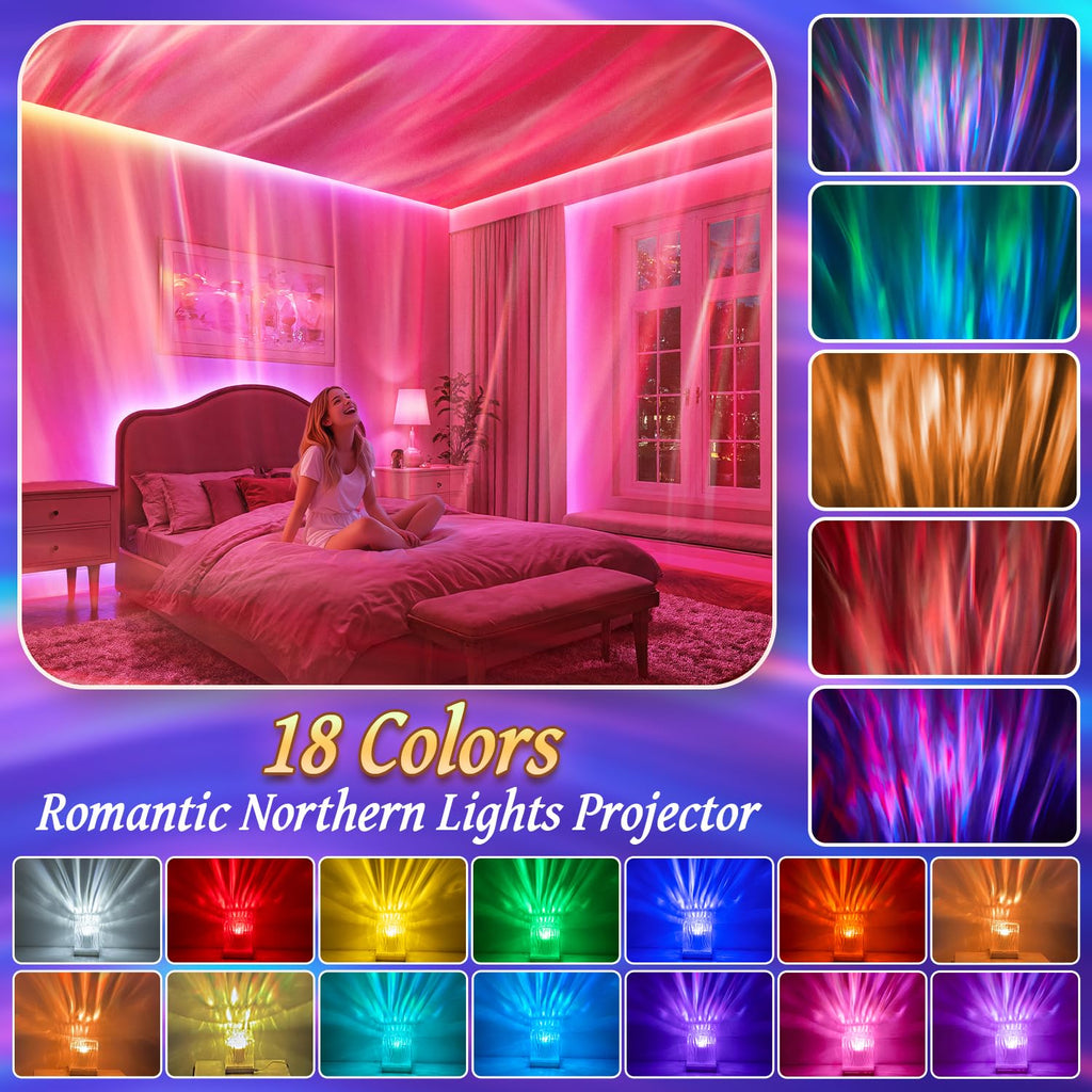Northern lights aurora projector night light with 18-color sunset lamp effect
