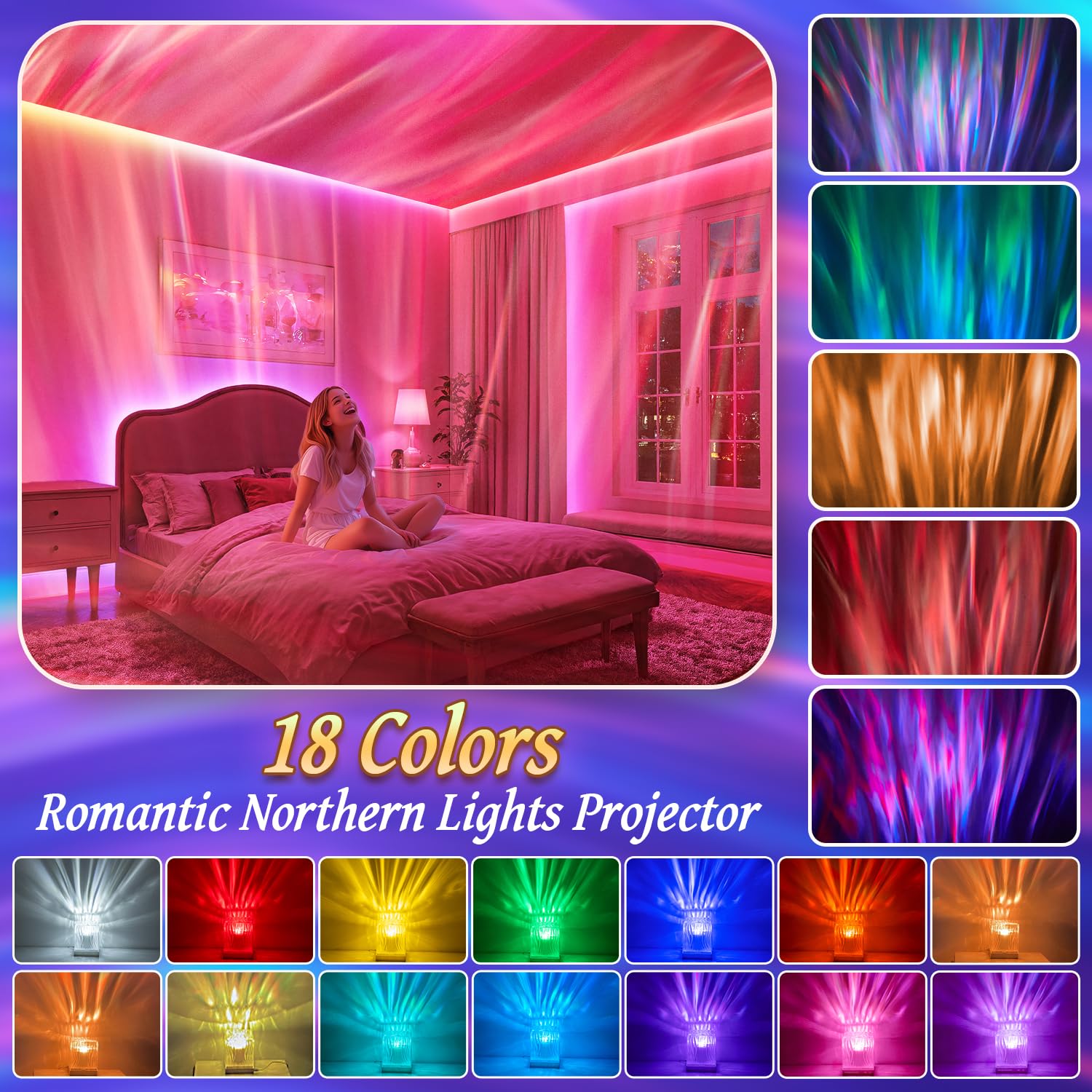 Northern lights aurora projector night light with 18-color sunset lamp effect