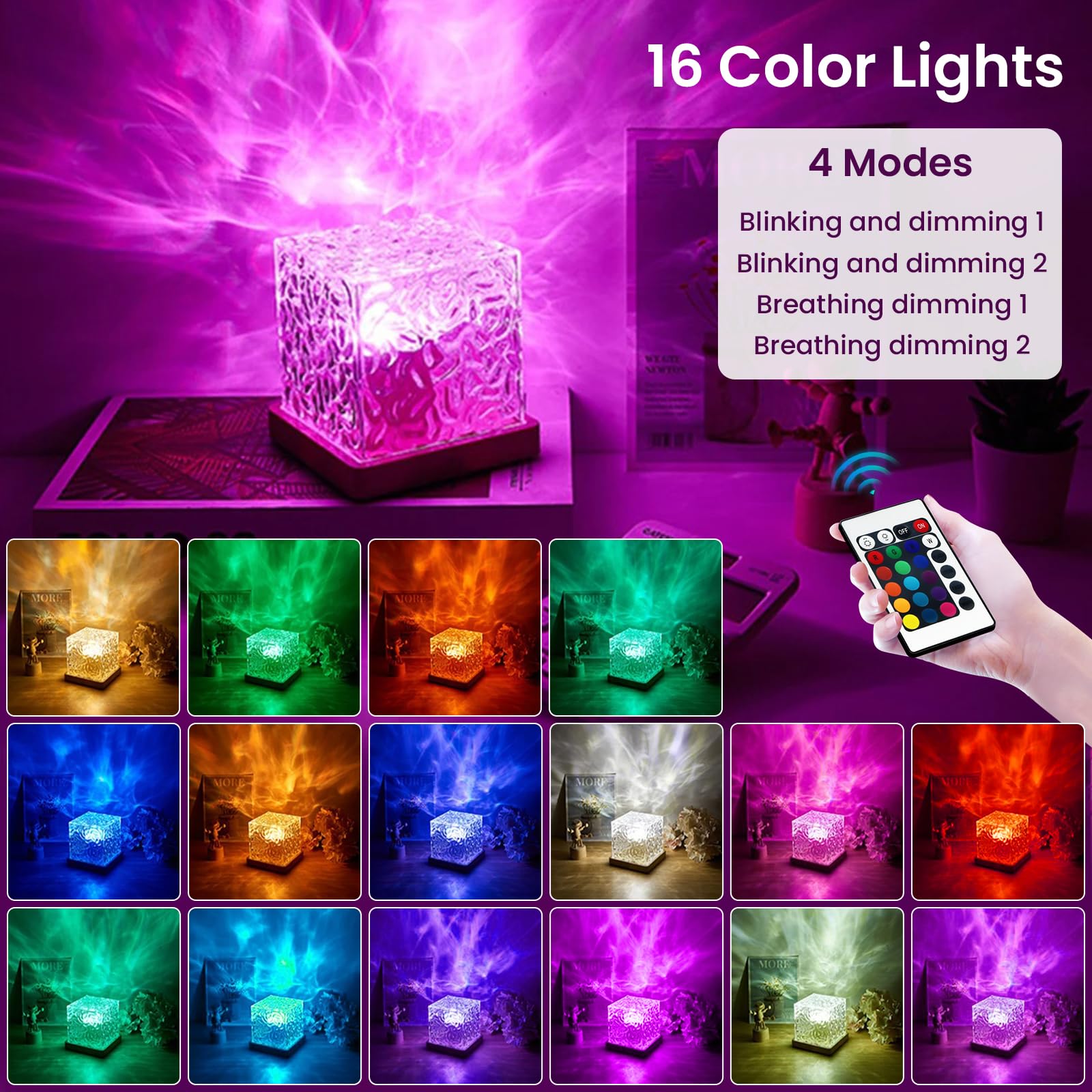 Ocean Wave Projector Light – 16 Colors, Remote Control, Rotating Water Cube Design for Kids & Adults Bedroom