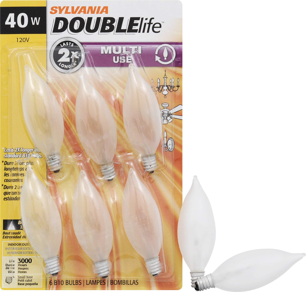 6-Pack Sylvania Double Life Incandescent B10 Bulbs – 40W Dimmable, Candelabra Base, 285 Lumens, Frosted for Chandeliers & Fixtures