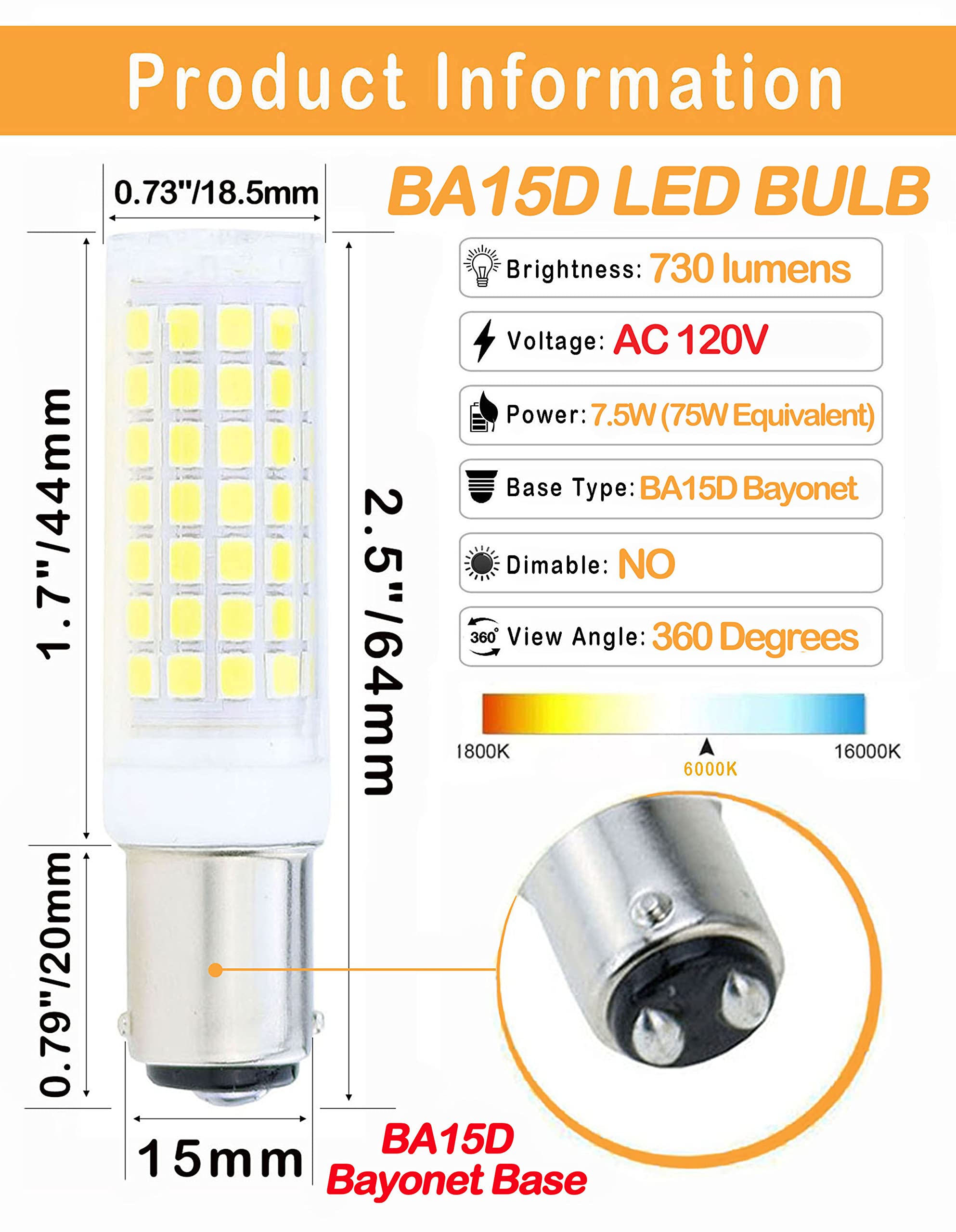 2-Pack BA15D LED Bulbs 7.5W – 730LM Daylight 6000K, Double Contact Bayonet Base, 75W Halogen Replacement for RV & Marine Lighting