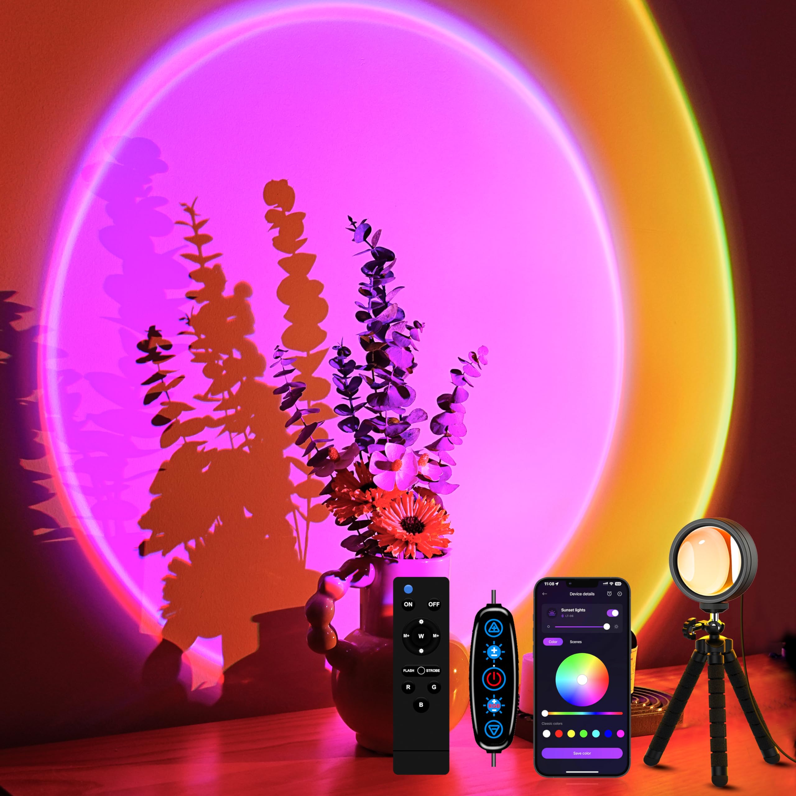 Sunset projection night light with app and remote control, 360 degree