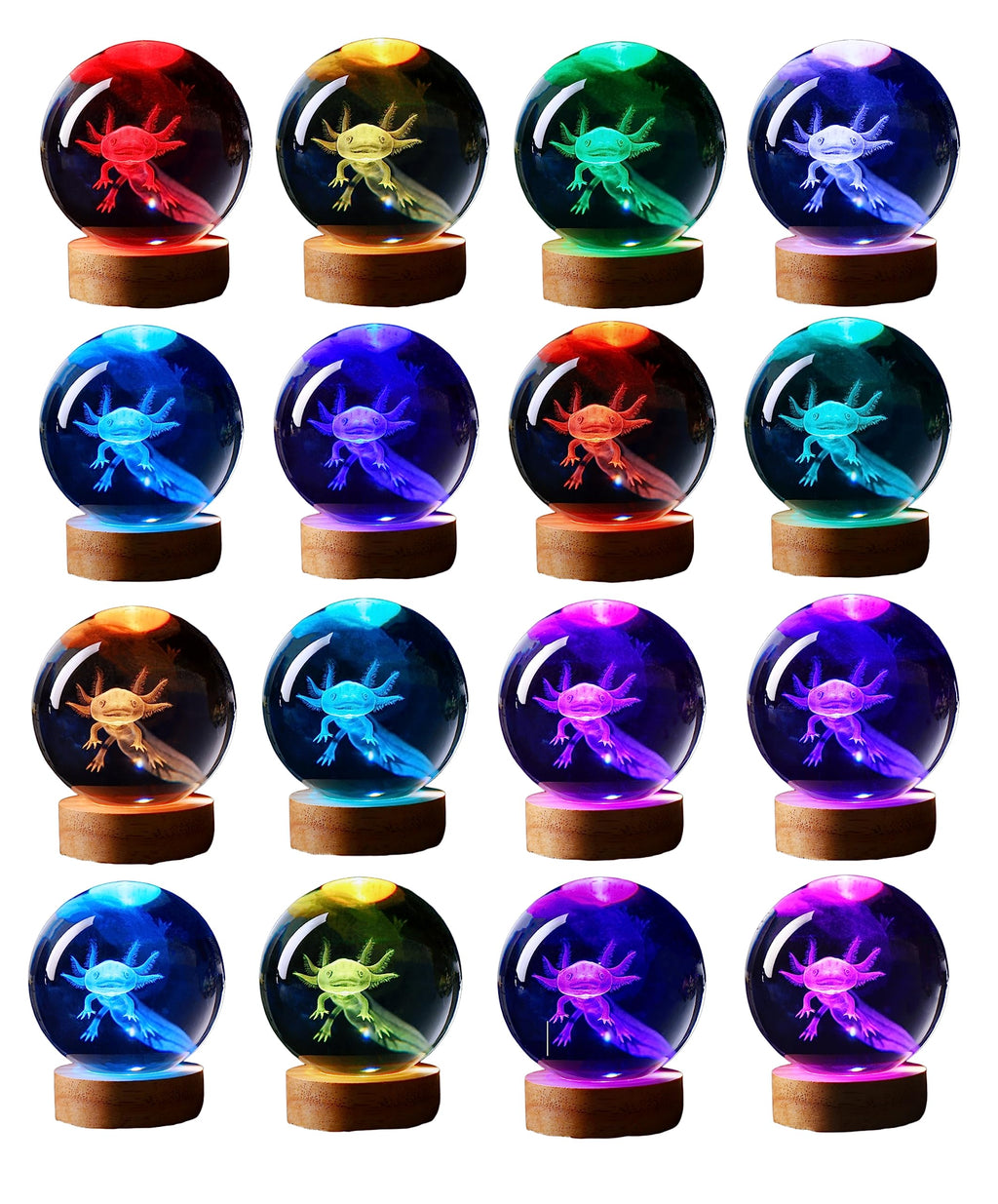 3D Axolotl Crystal Ball Night Light – 3.15IN K9 Crystal, 16 Color LED, Remote Control, Wooden Base for Kids & Bedroom Decor