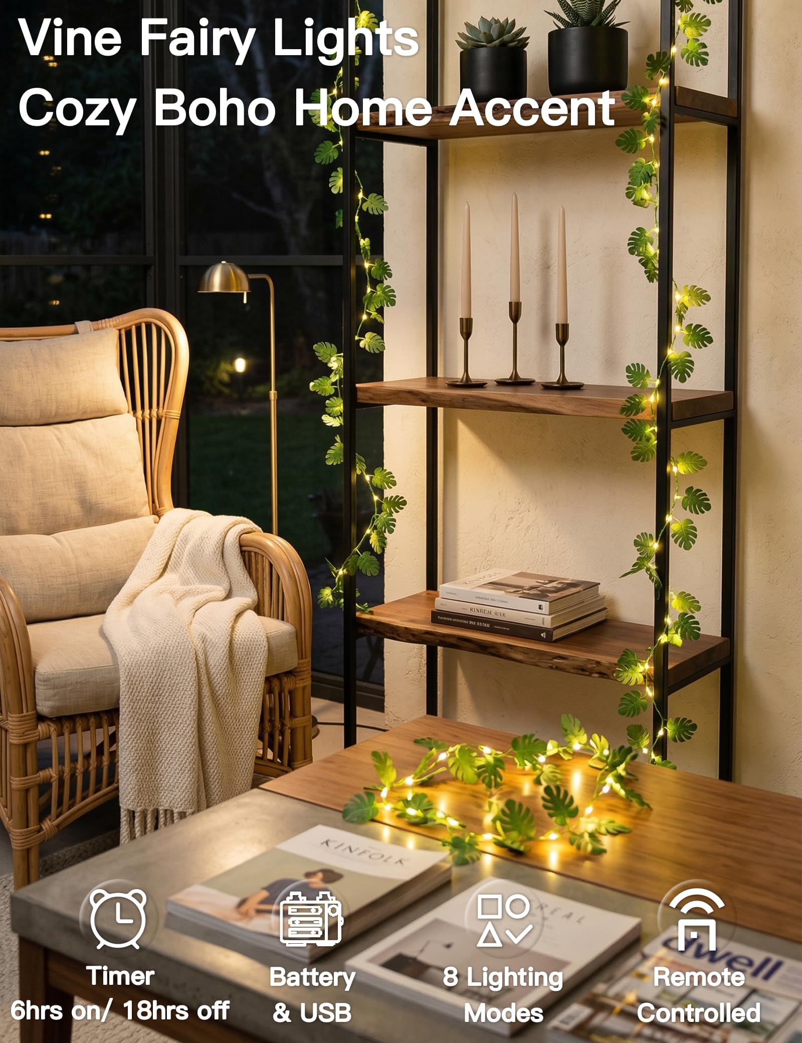 Monstera leaf vine string light, 33 ft, 100 LED, USB powered
