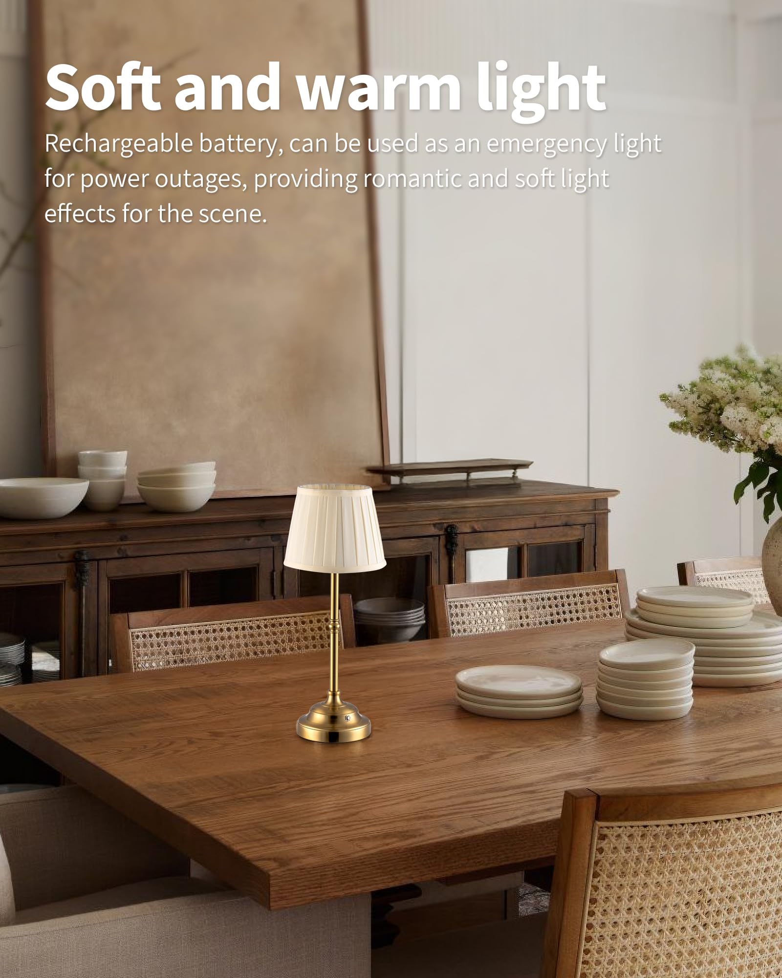 Cordless fabric shade table lamp, dimmable rechargeable, gold