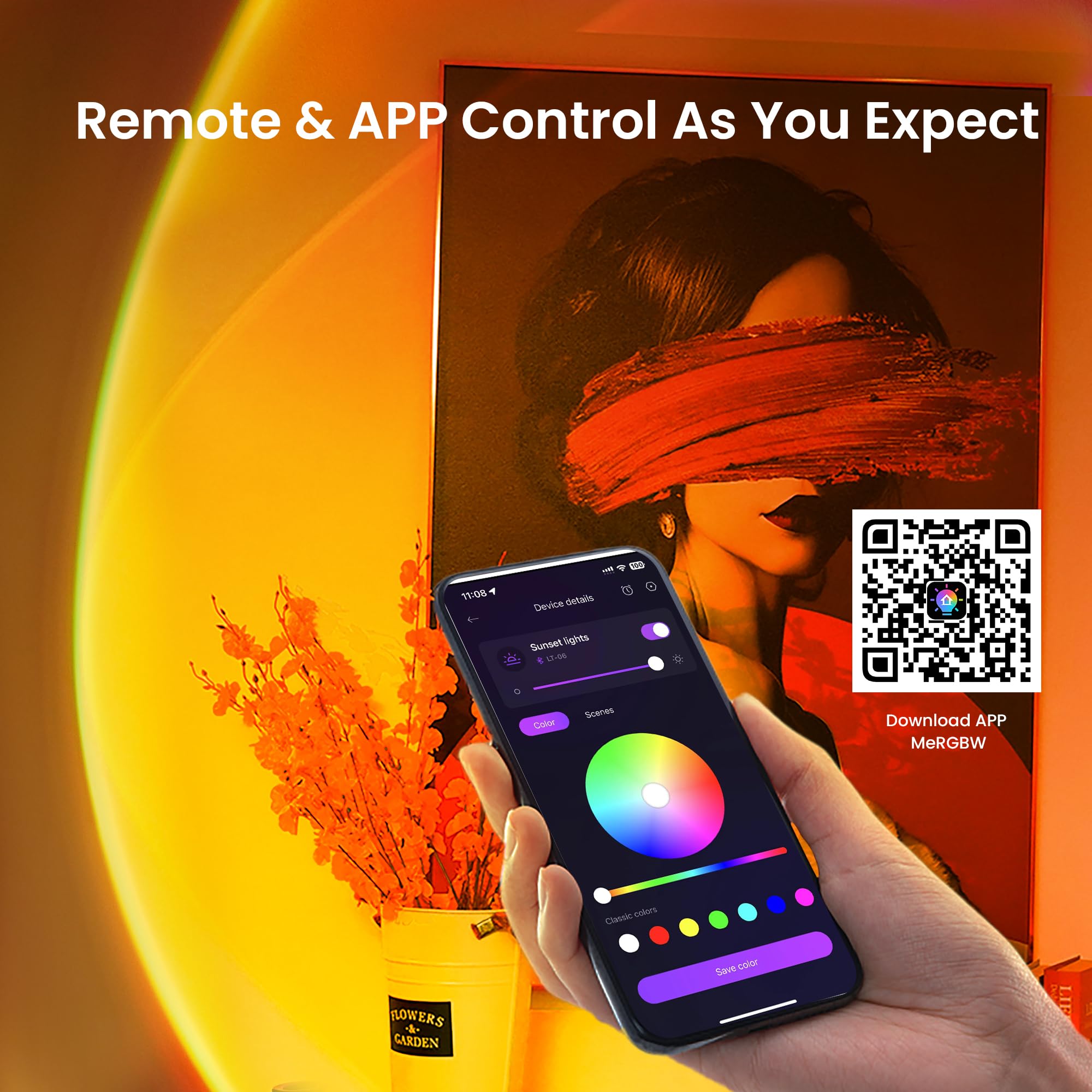 Sunset projection night light with 21 colors and app control