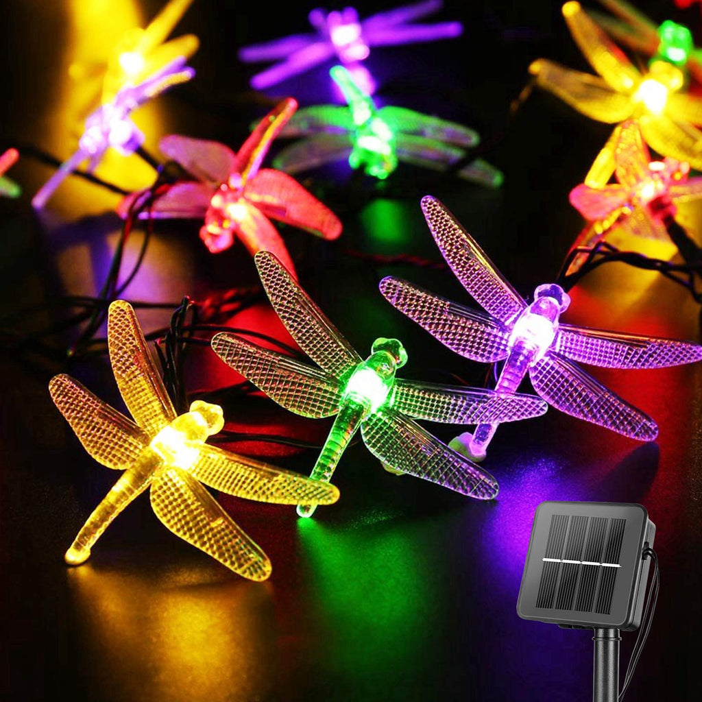 Solar-powered outdoor string lights with dragonfly design and 8 light modes