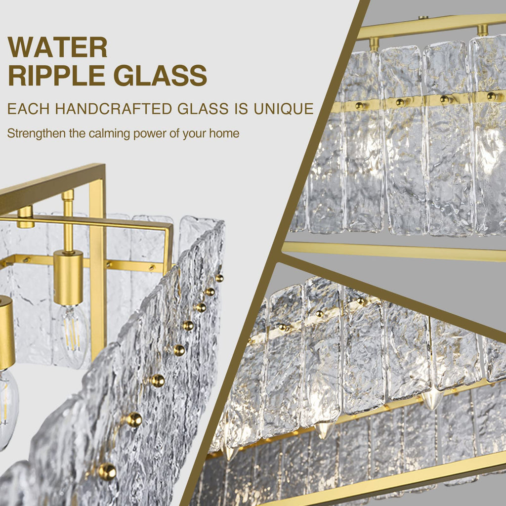 Gold Crystal Rectangular Chandelier, Water Ripple Glass for Decor