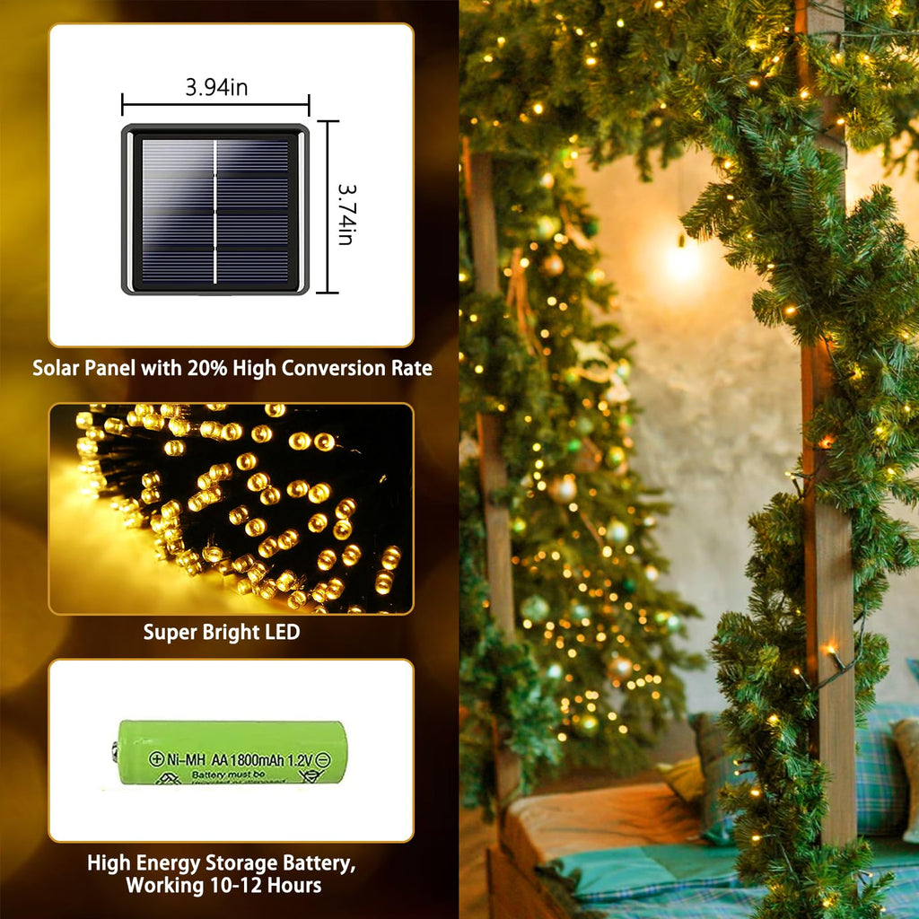 2-Pack 480 LED Solar String Lights Outdoor – 170 FT, 8 Modes, Waterproof for Christmas Tree & Party Decorations (Warm White)