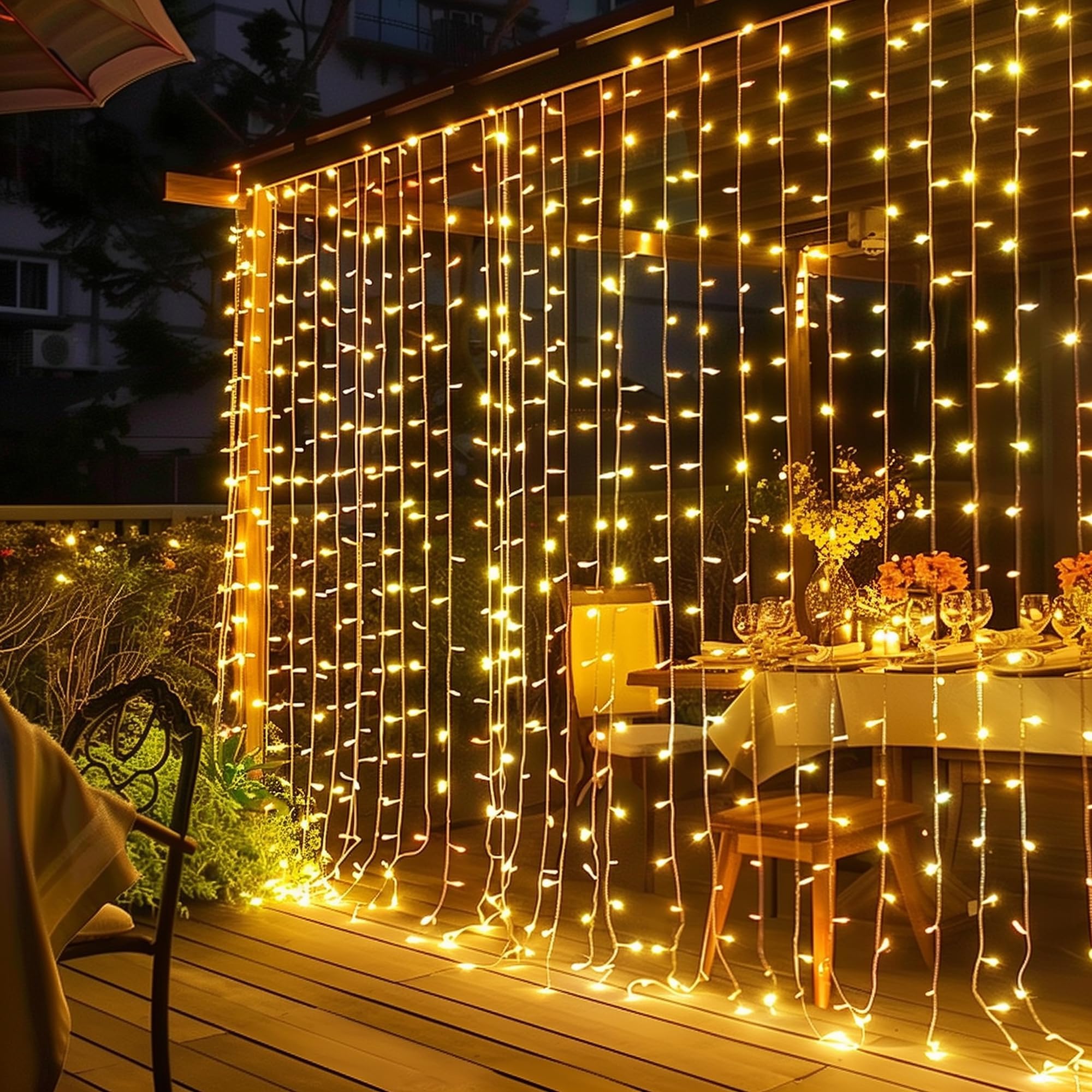 300-LED warm white curtain string light for windows, weddings and indoor decor