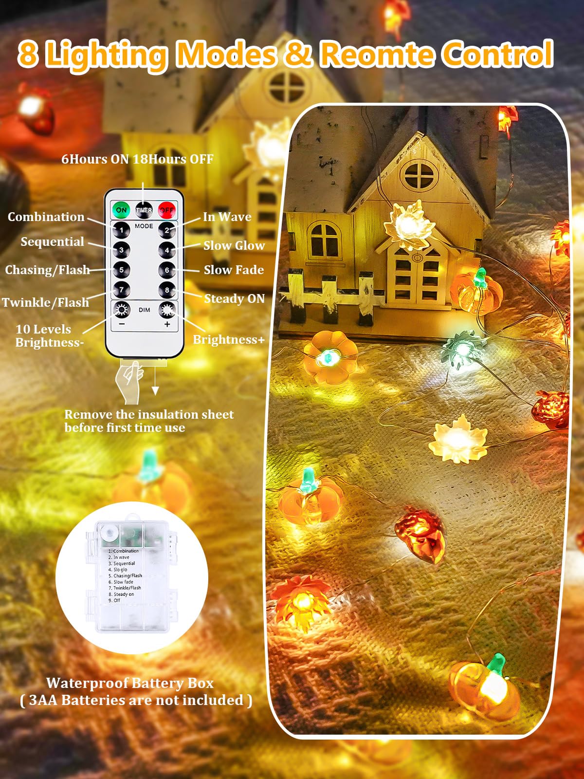 3D pumpkin and acorn fall string light, 30 LED, battery-powered