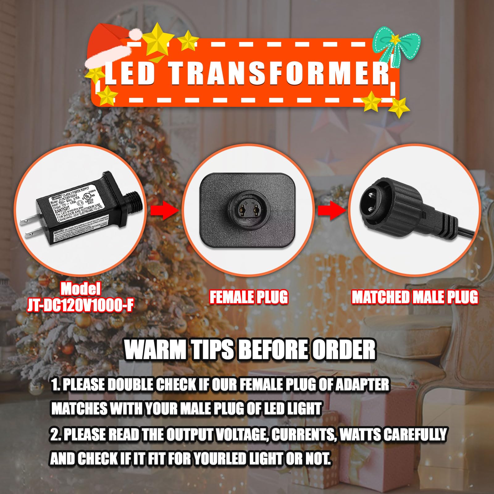 12V 1A LED Power Supply with Extension Cord – IP44 Waterproof, Class 2 Transformer for Christmas String Lights & Inflatables