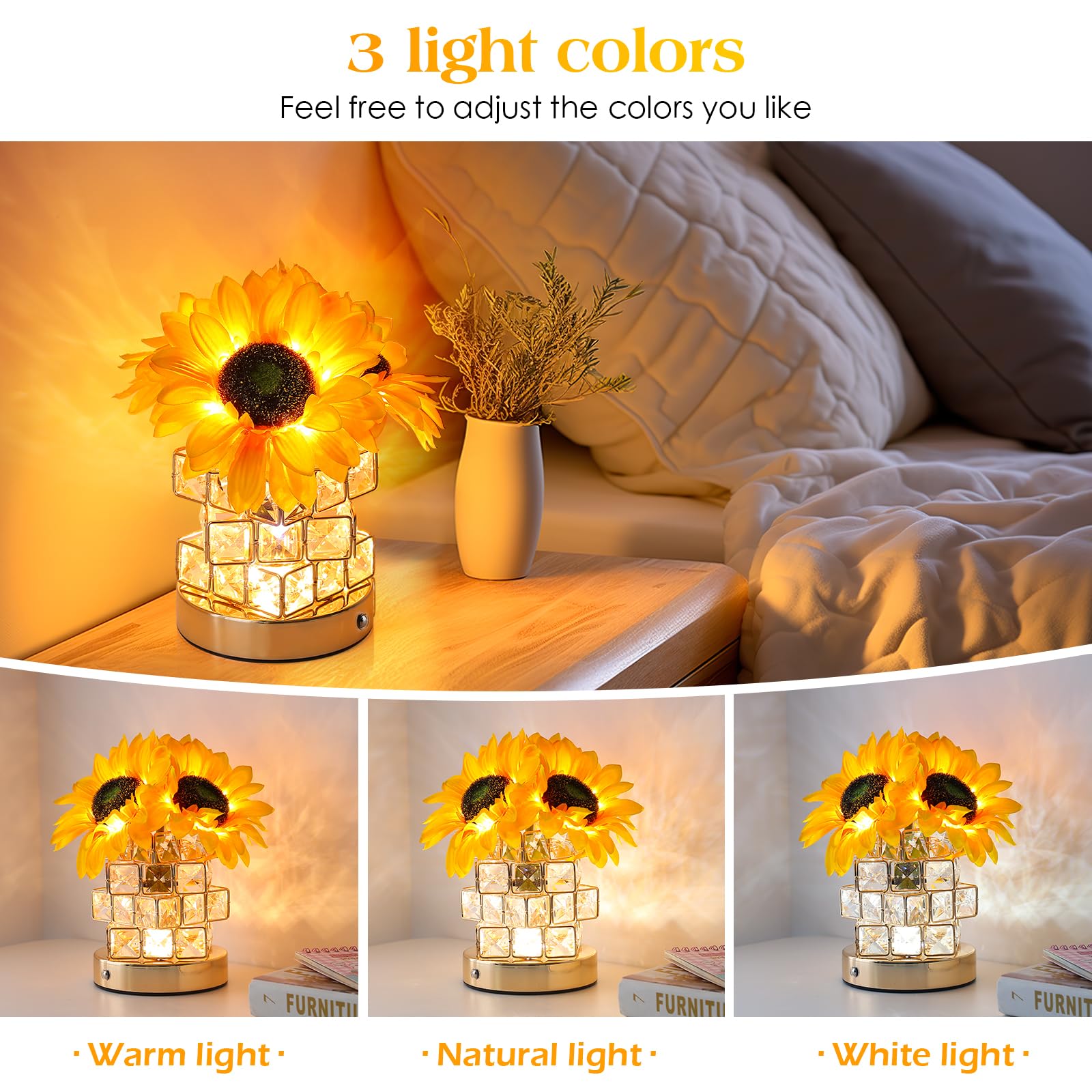Sunflower-shaped rechargeable touch night light with 3-color infinite dimming