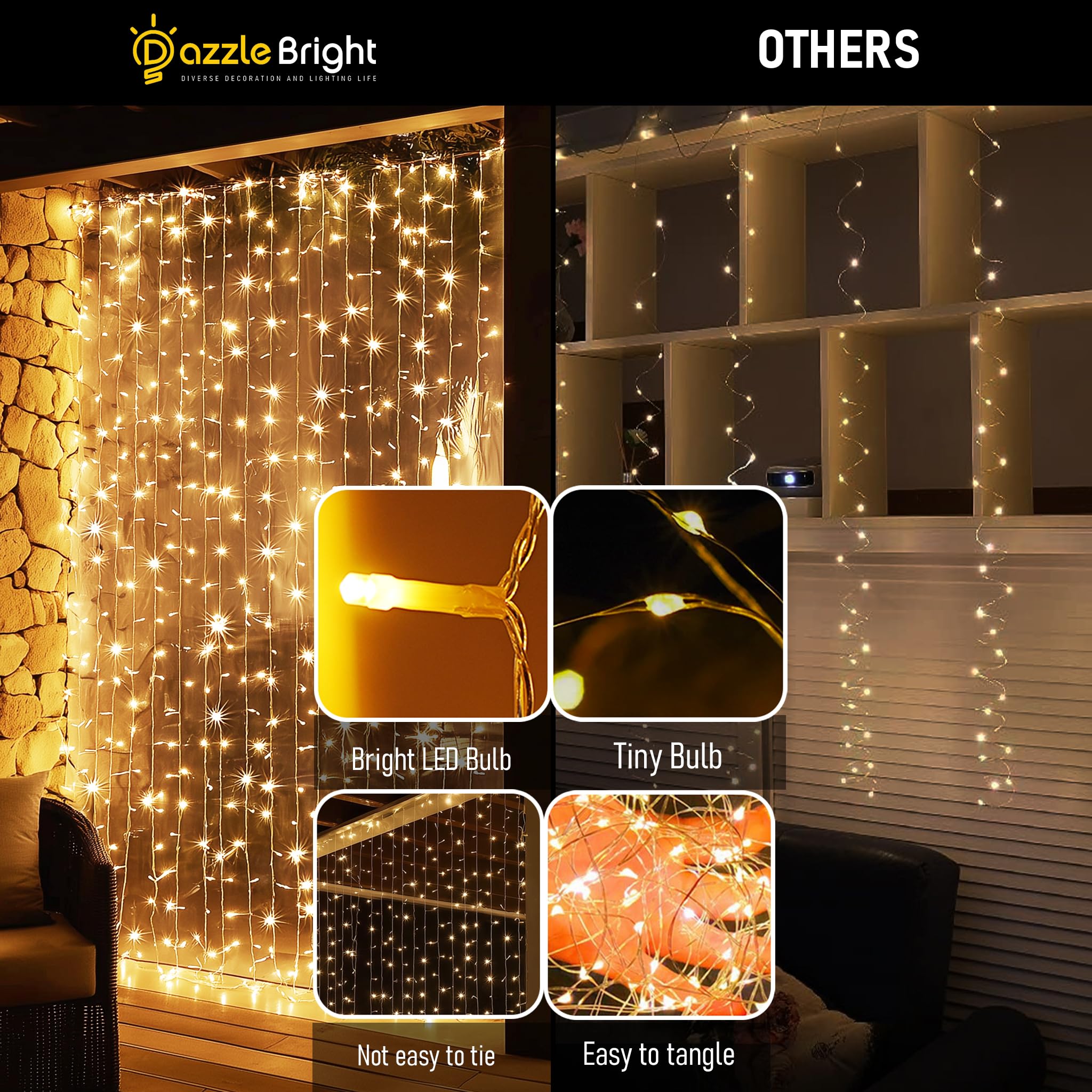 300-LED warm white curtain string light for windows, weddings and indoor decor