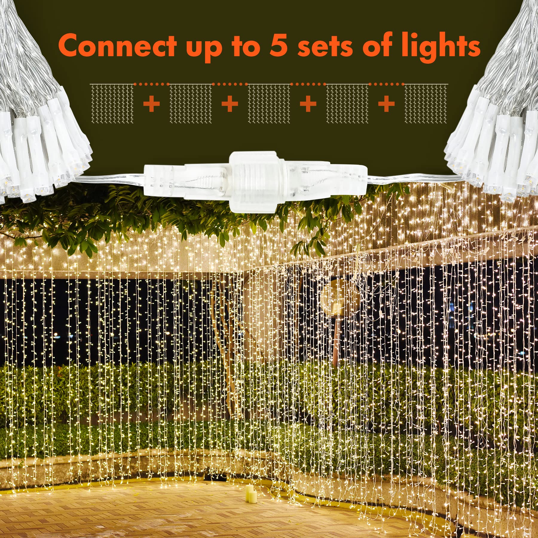 300-LED curtain string light with 8 modes, plug-in, warm white