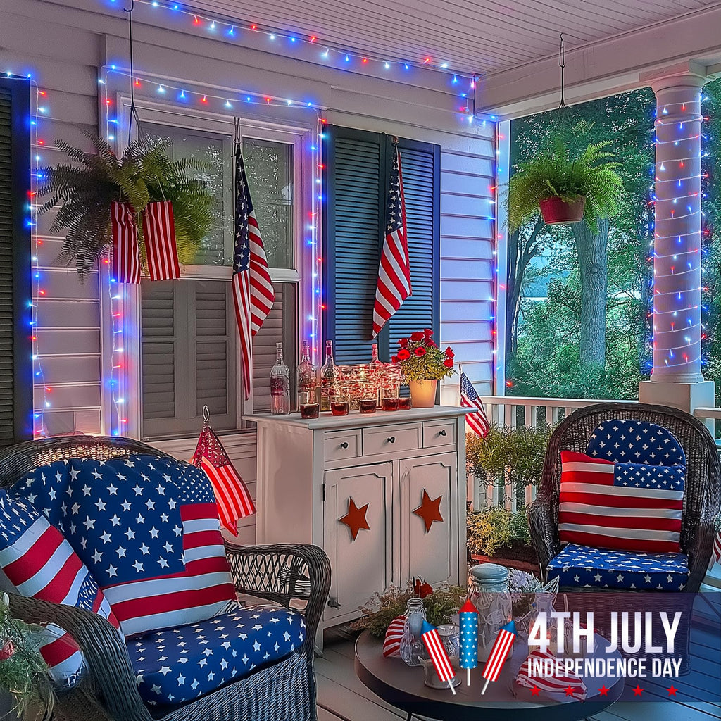 33-foot red white and blue outdoor string light, 100 LED, 8 modes