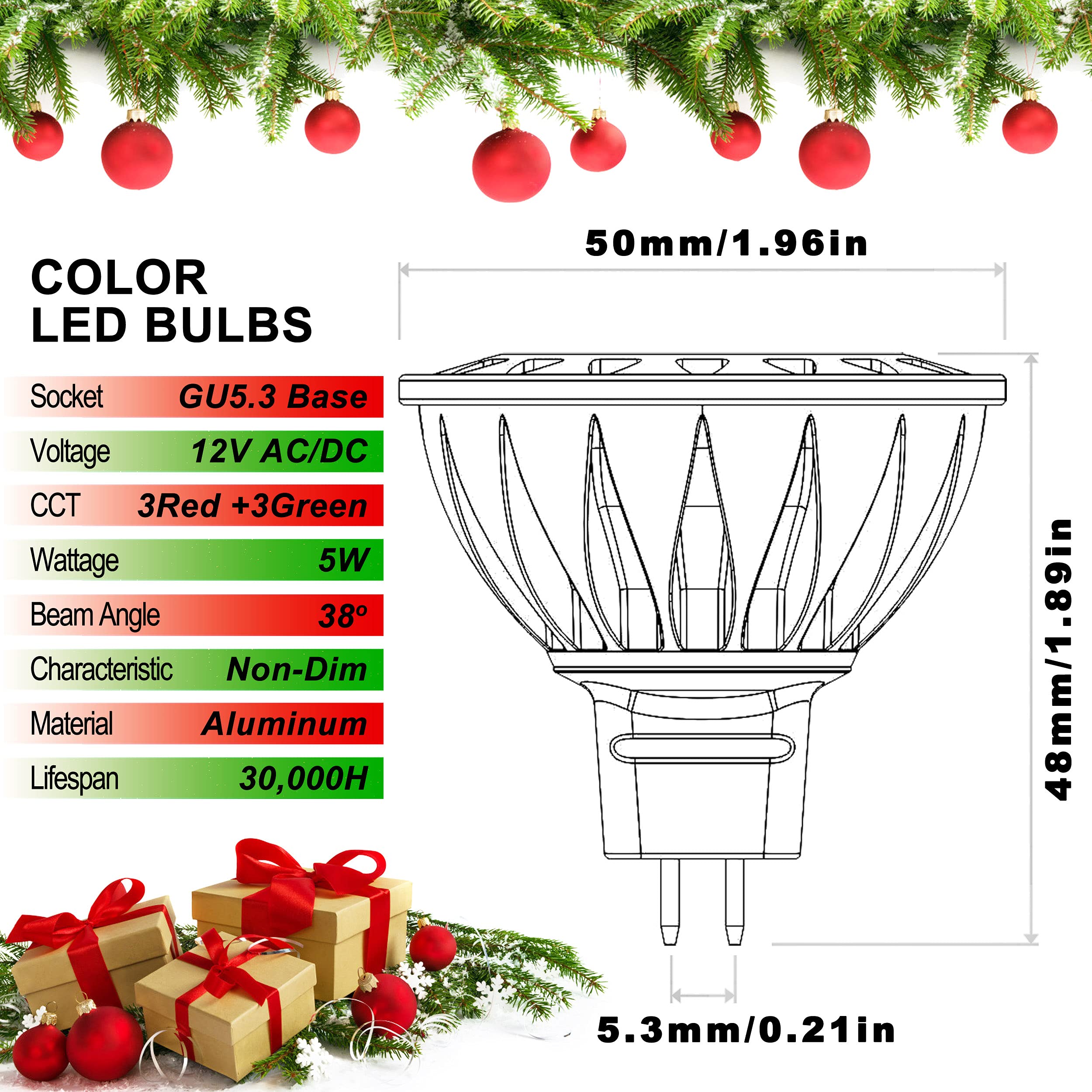 6-Pack MR16 GU5.3 LED Bulbs Red Green – 5W (50W Halogen Equiv.), 12V, 38° Beam Angle for Christmas Holiday Outdoor Landscape Lighting