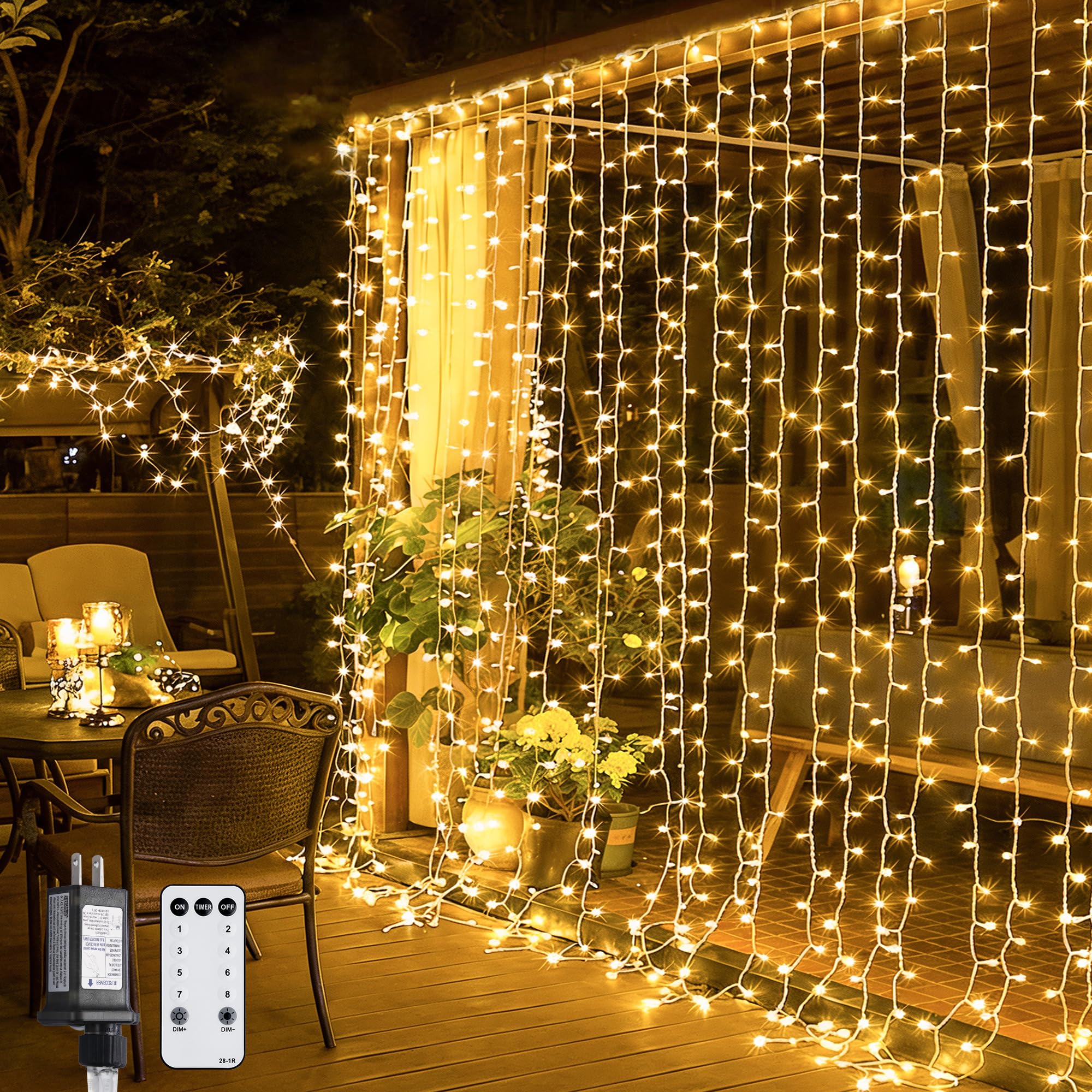 300-LED curtain string light with remote, warm white, window decor