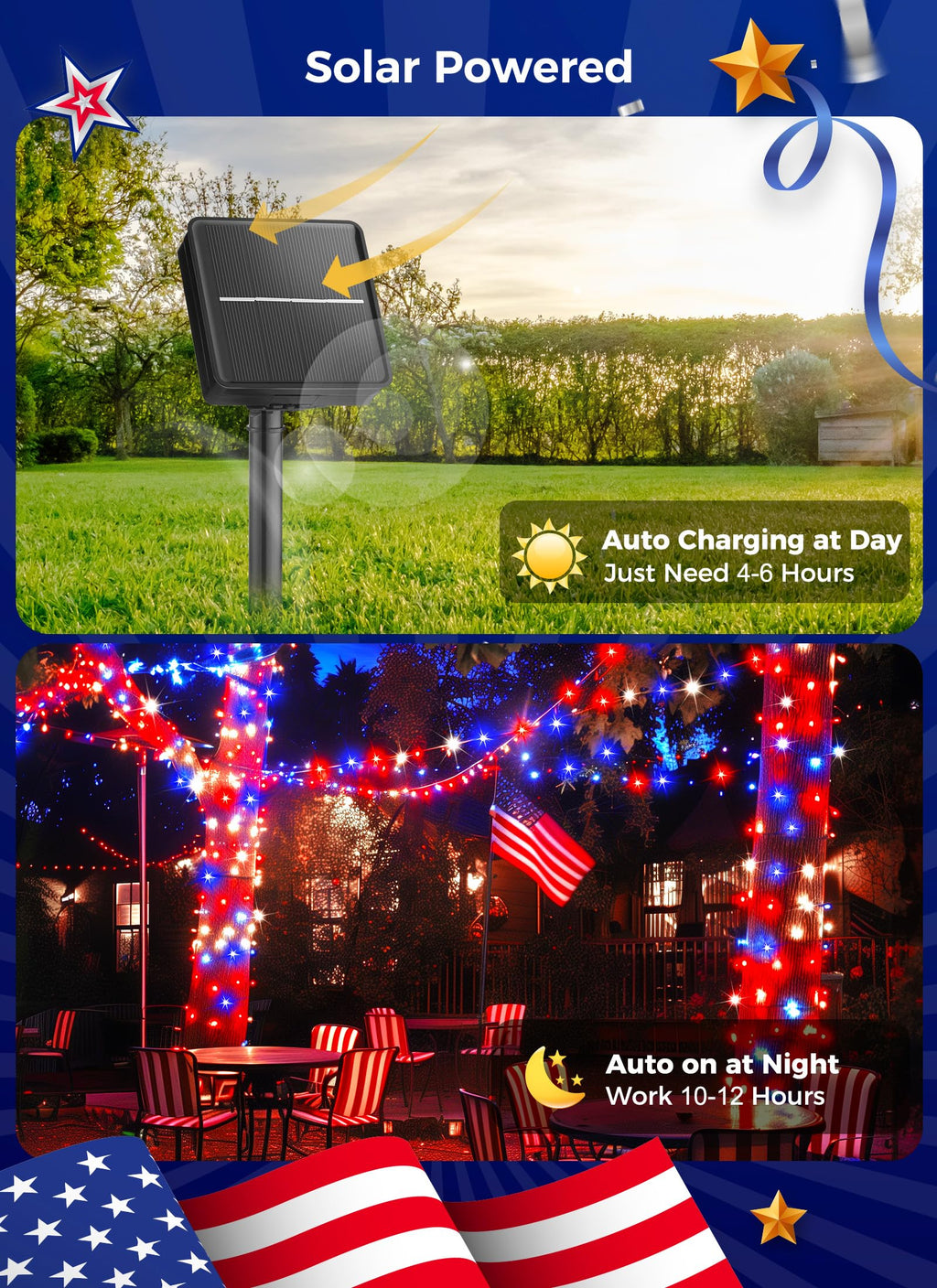 Solar red white and blue outdoor string light, 80ft 200 LED, 8 modes