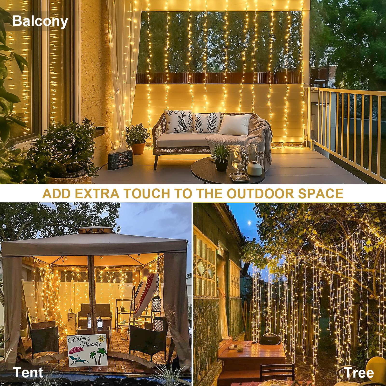 300-LED curtain string light with remote, warm white, window decor