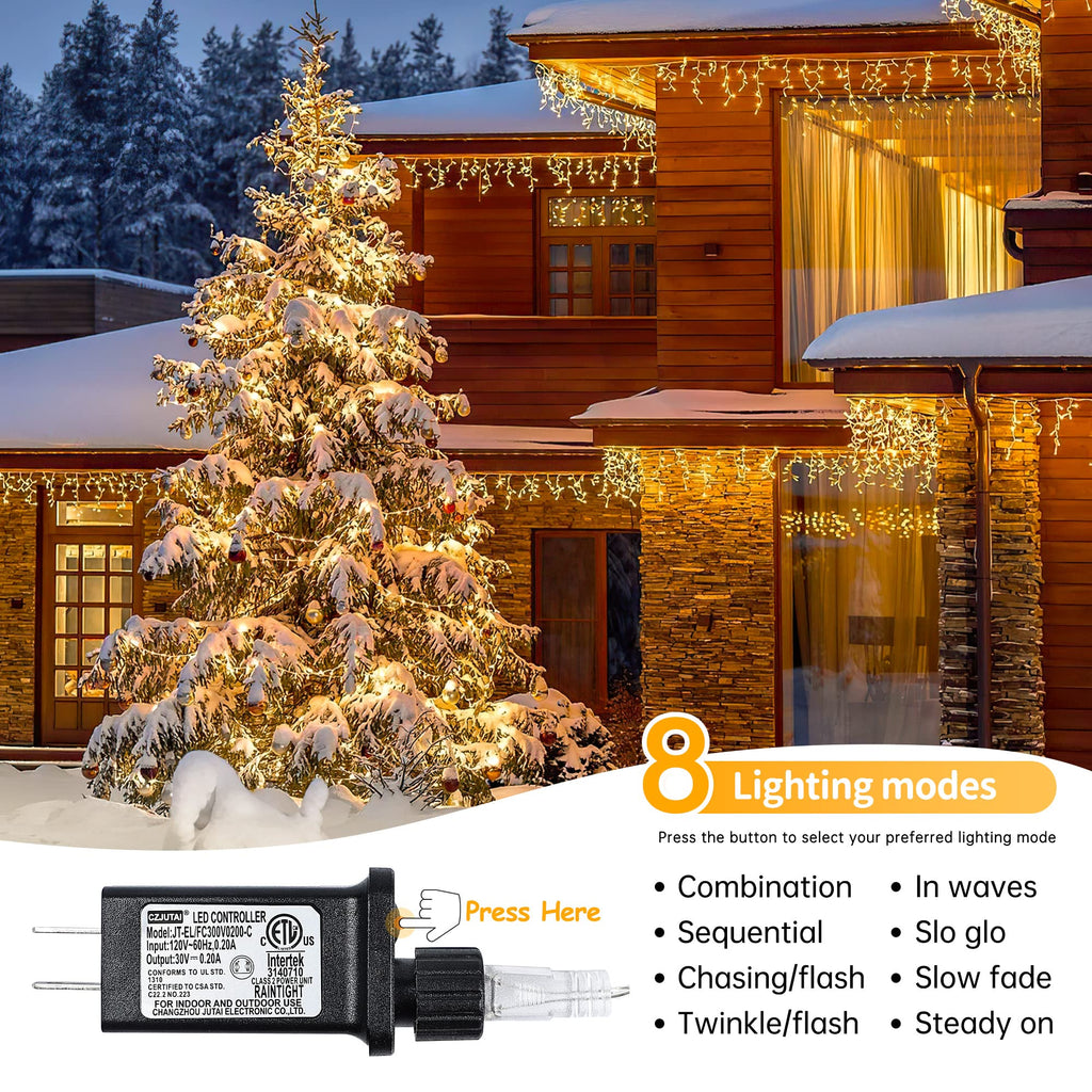 33 ft warm white icicle string lights with 300 LED and 50 drops