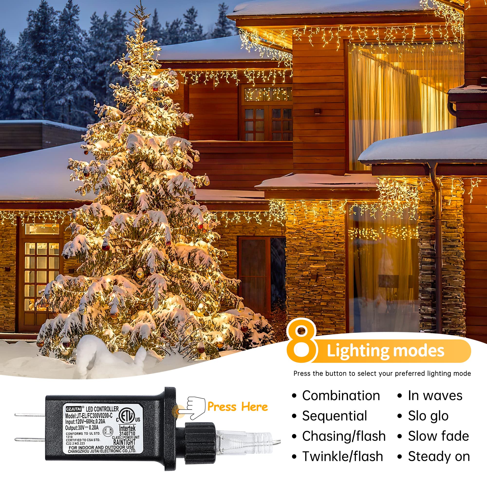 33 ft warm white icicle string lights with 300 LED and 50 drops