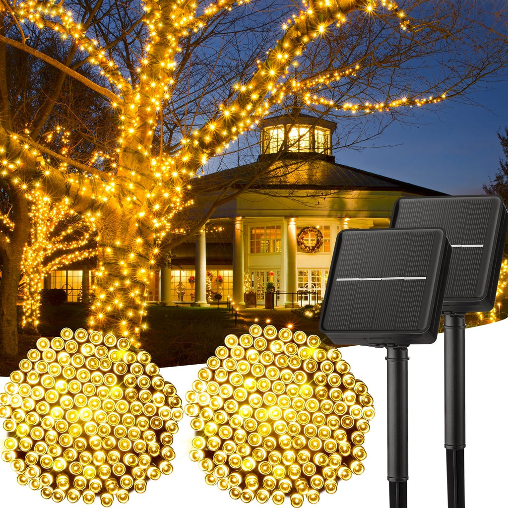 2-pack solar-powered outdoor string lights, 80-ft warm white with 8 modes