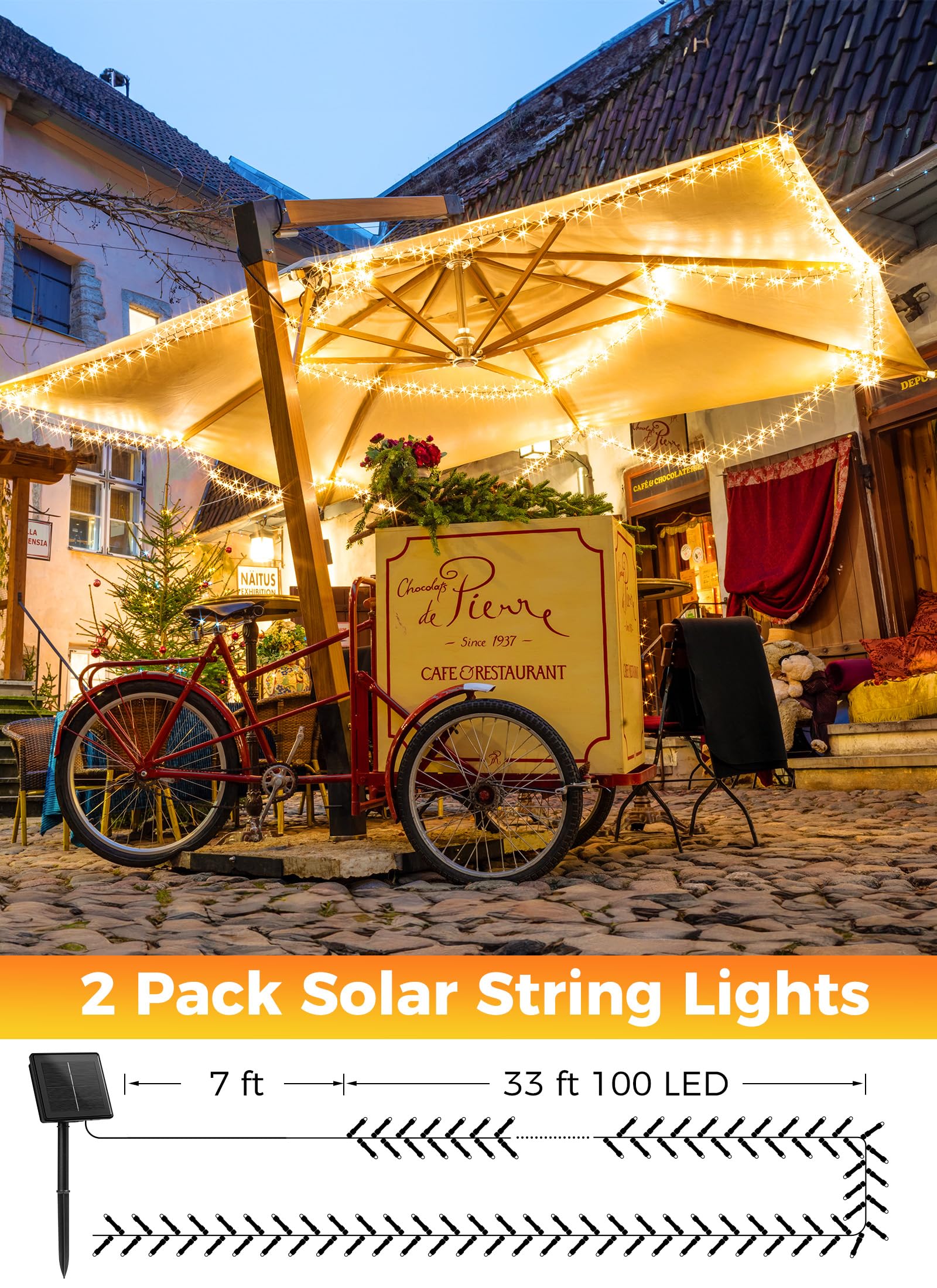 2-pack solar-powered outdoor string lights, 80-ft warm white with 8 modes