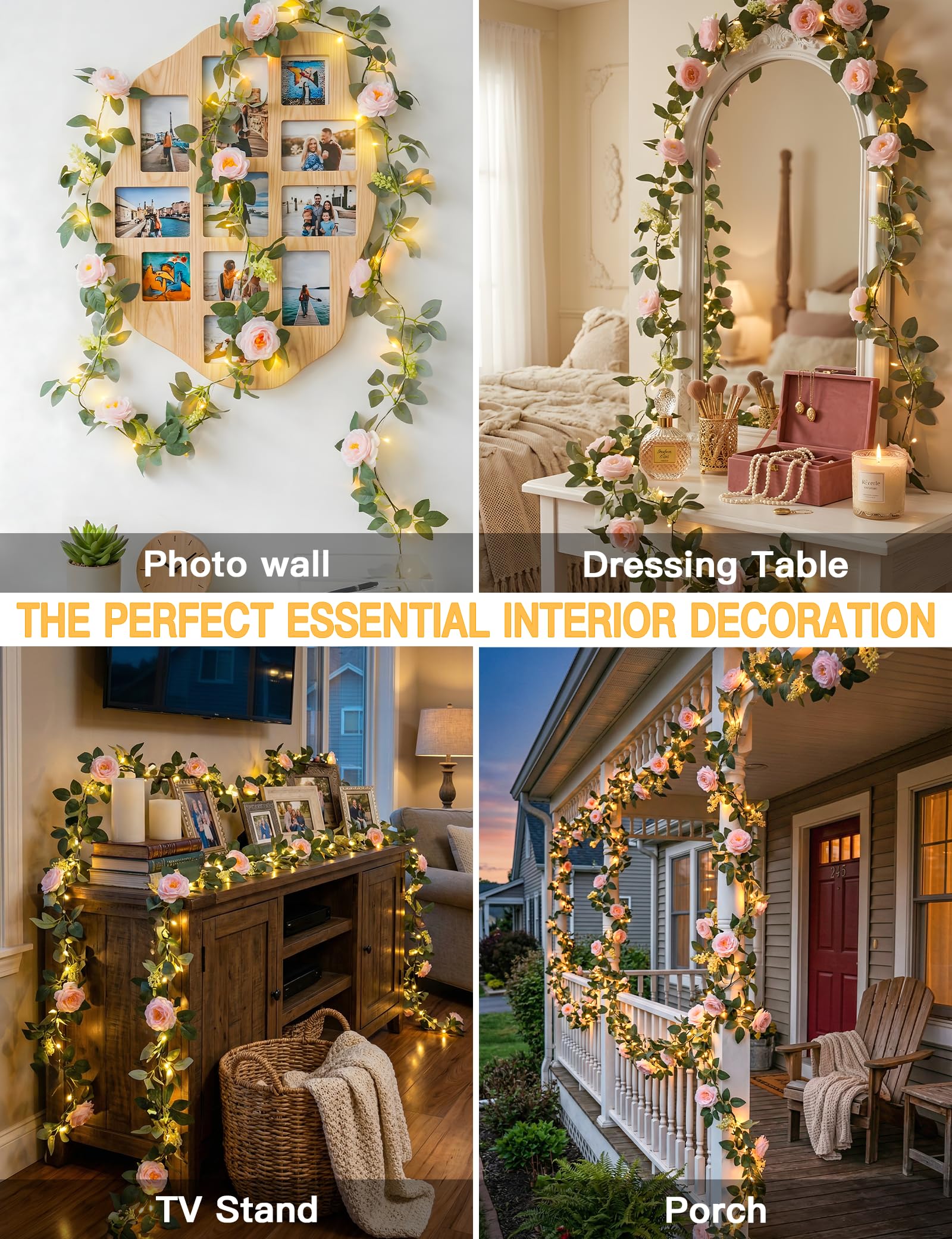 Floral vine LED string lights with remote for weddings and decor
