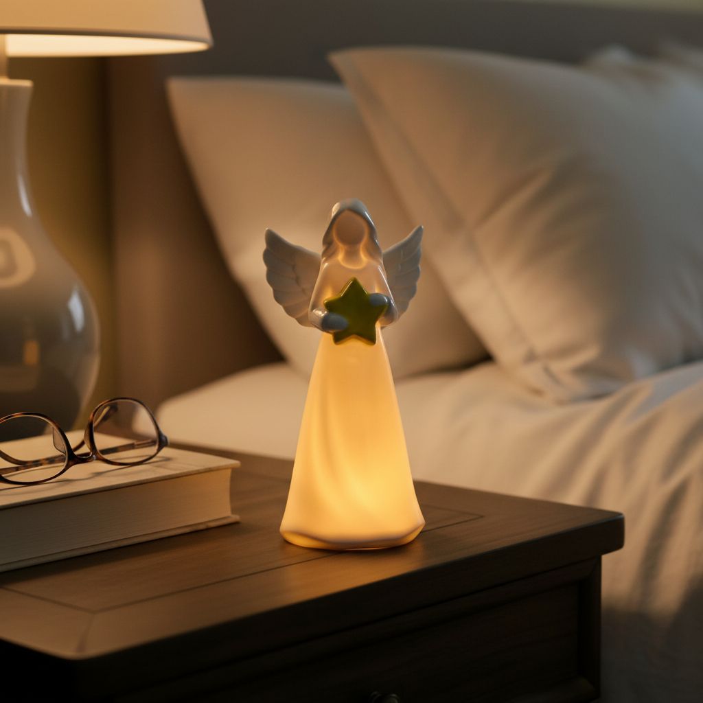Porcelain Angel Night Light with Star – 7 Inch Guardian Angel Statue, LED Glow, Bible Verse DIY for Home Decor & Collectibles