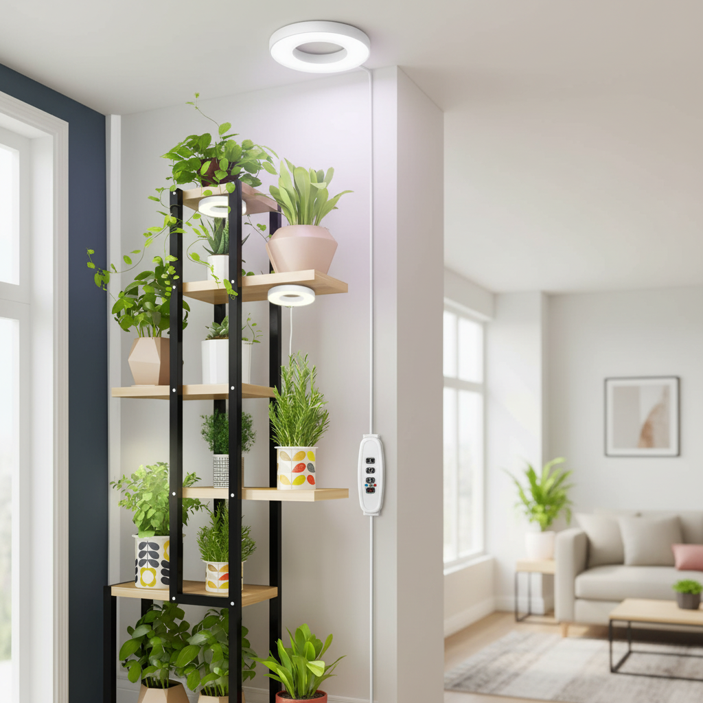 48 LED Ceiling Grow Light – Full Spectrum, Timer 4/8/12 Hrs, 10-Level Dimmable for Indoor Plants & Small Plant Shelves