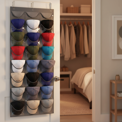 1-Pack Baseball Cap Organizer with 24 Pockets – Wall Door Mount, 3 Hooks, Visible Storage for Hat Collections