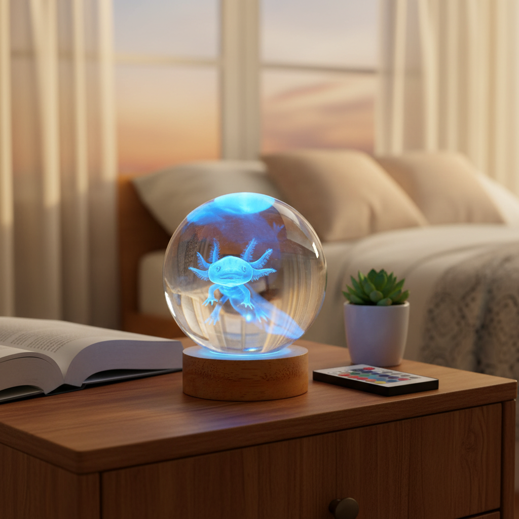 3D Axolotl Crystal Ball Night Light – 3.15IN K9 Crystal, 16 Color LED, Remote Control, Wooden Base for Kids & Bedroom Decor