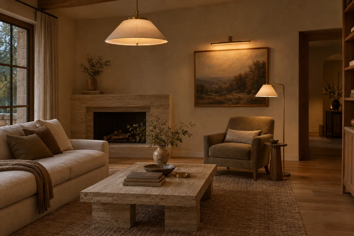 A living room lit by a pendant, a floor lamp and a picture light