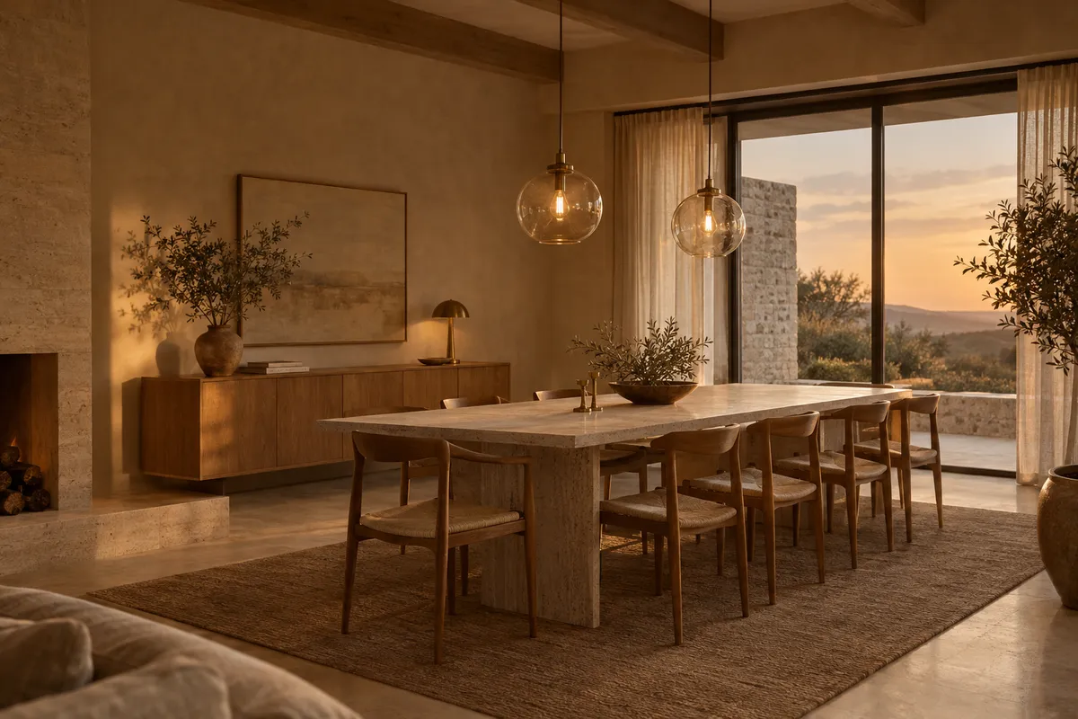 Two glass pendants hanging over a long dining table