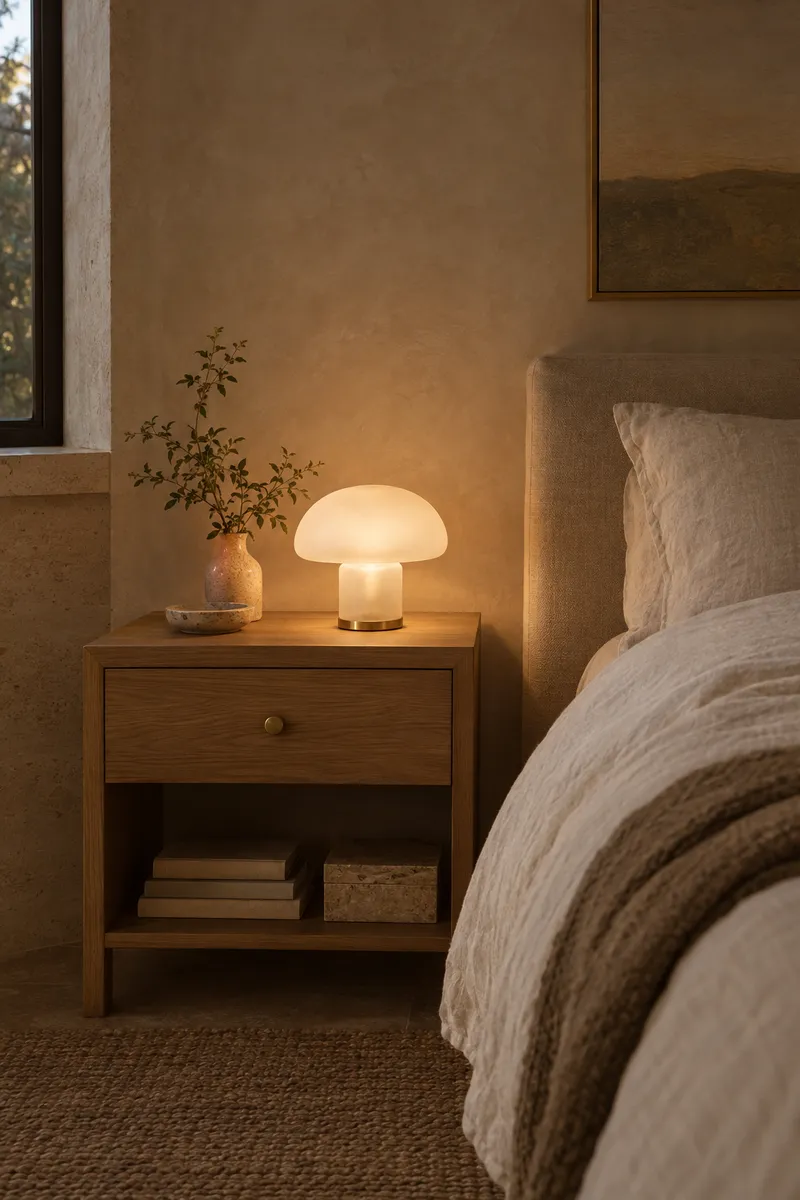 A frosted glass lamp glowing on a bedside table