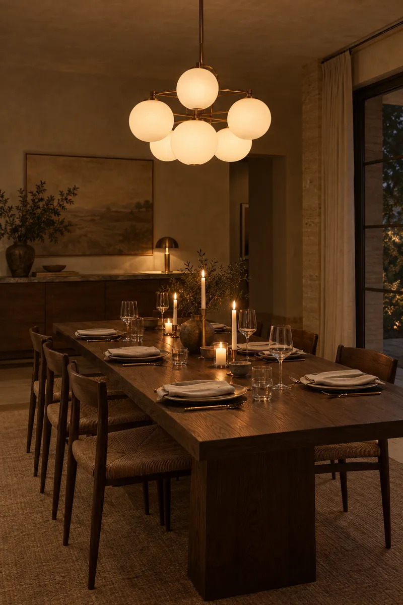 A globe chandelier over a dining table set for dinner