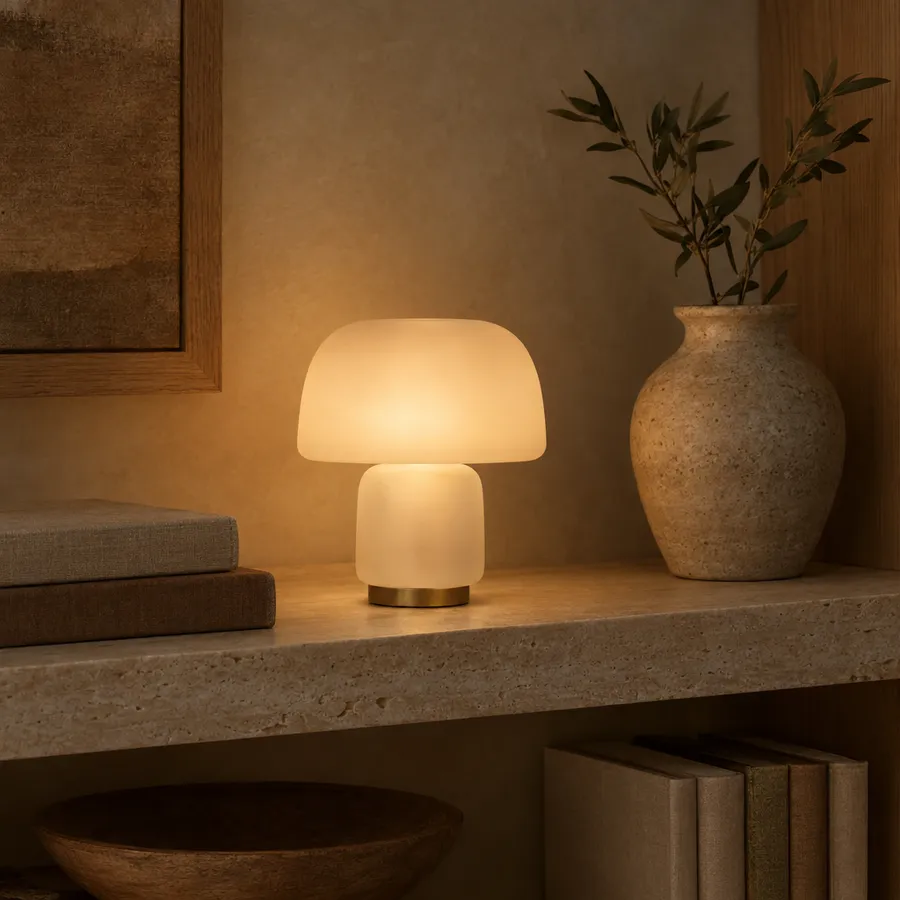 A small frosted glass lamp glowing on a shelf