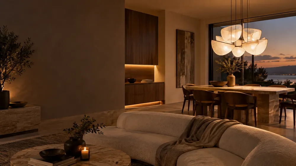 A sample room lit in warm layers